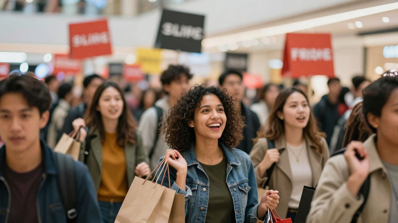 Excited shoppers during a Black Friday sale event.