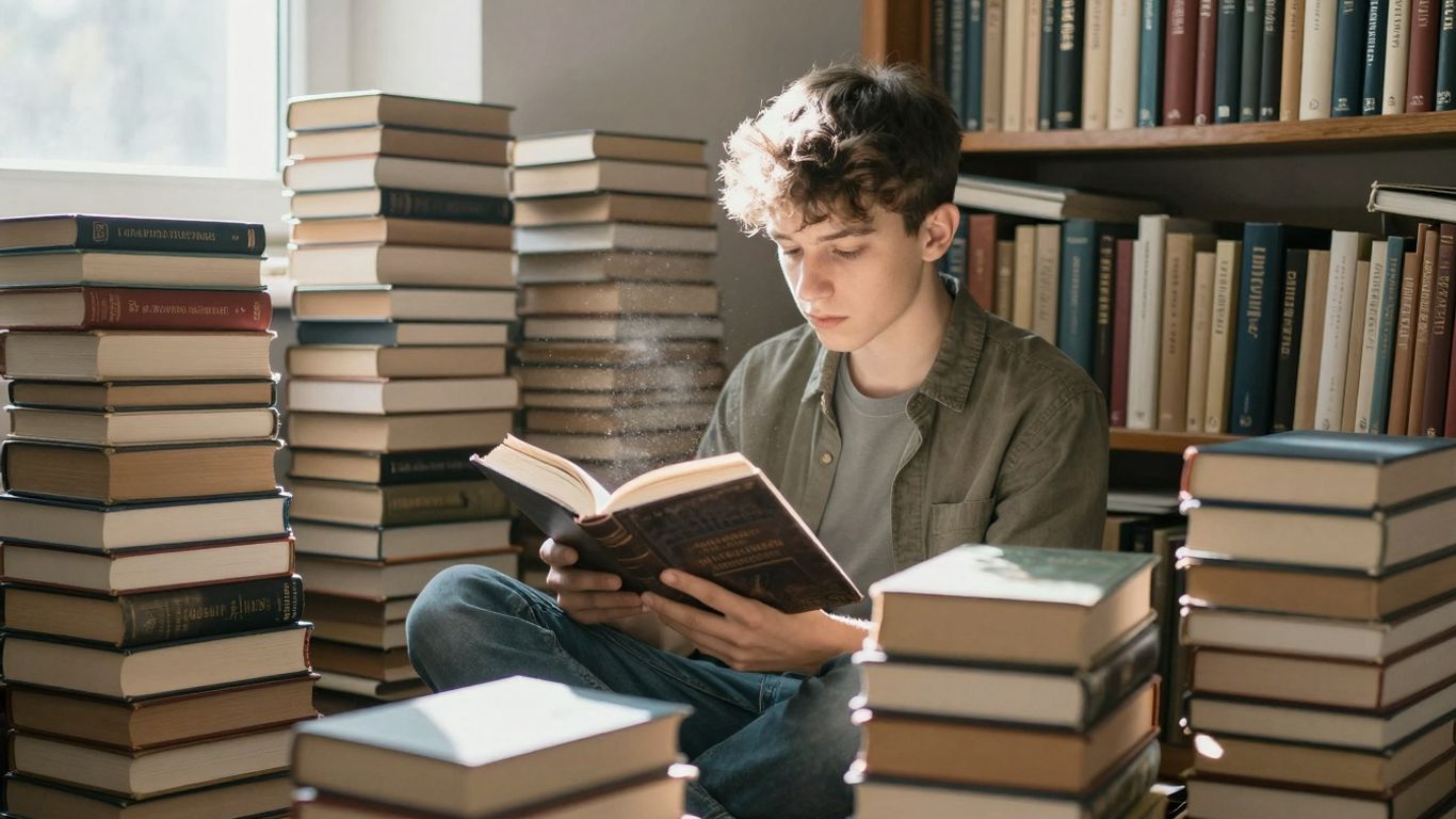 Tineri scriitori români citind cărți diverse.