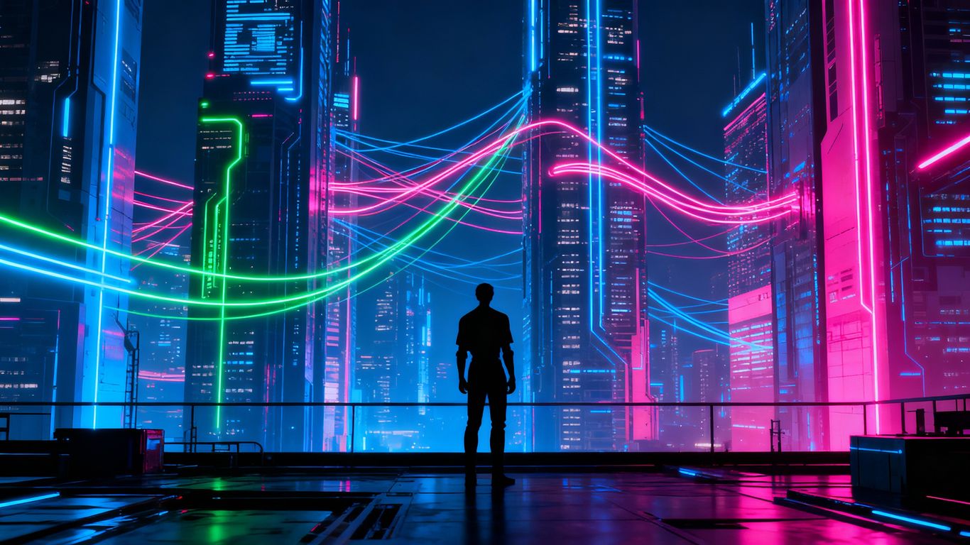 AI solutions connecting a futuristic cityscape.