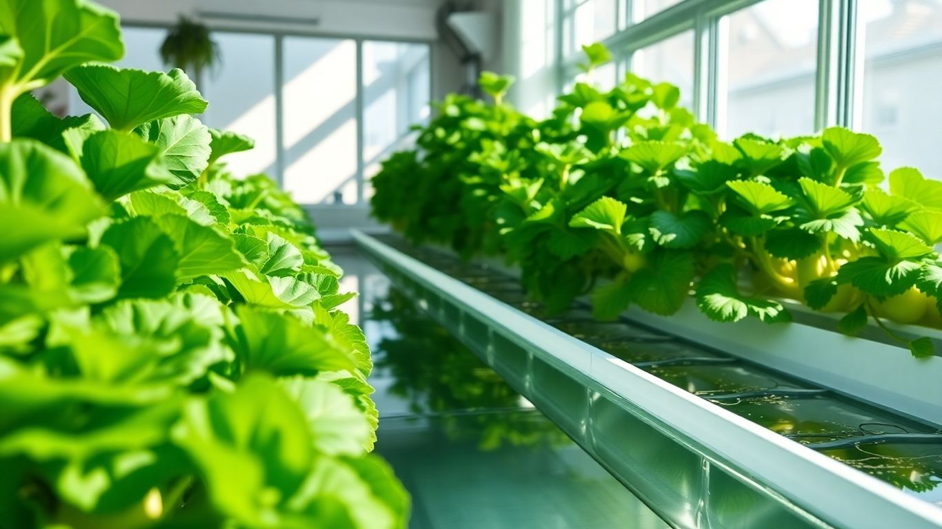 Lush green hydroponic vegetables growing indoors.