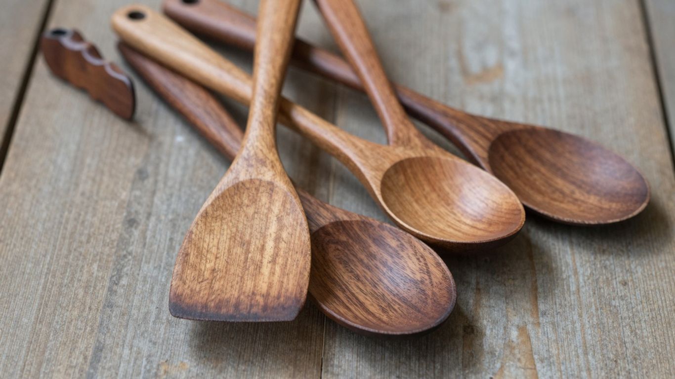 Polished teak wood cooking utensils on a rustic surface.