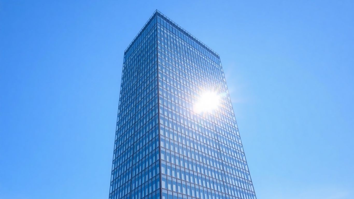 Prédio corporativo moderno com fachada de vidro.