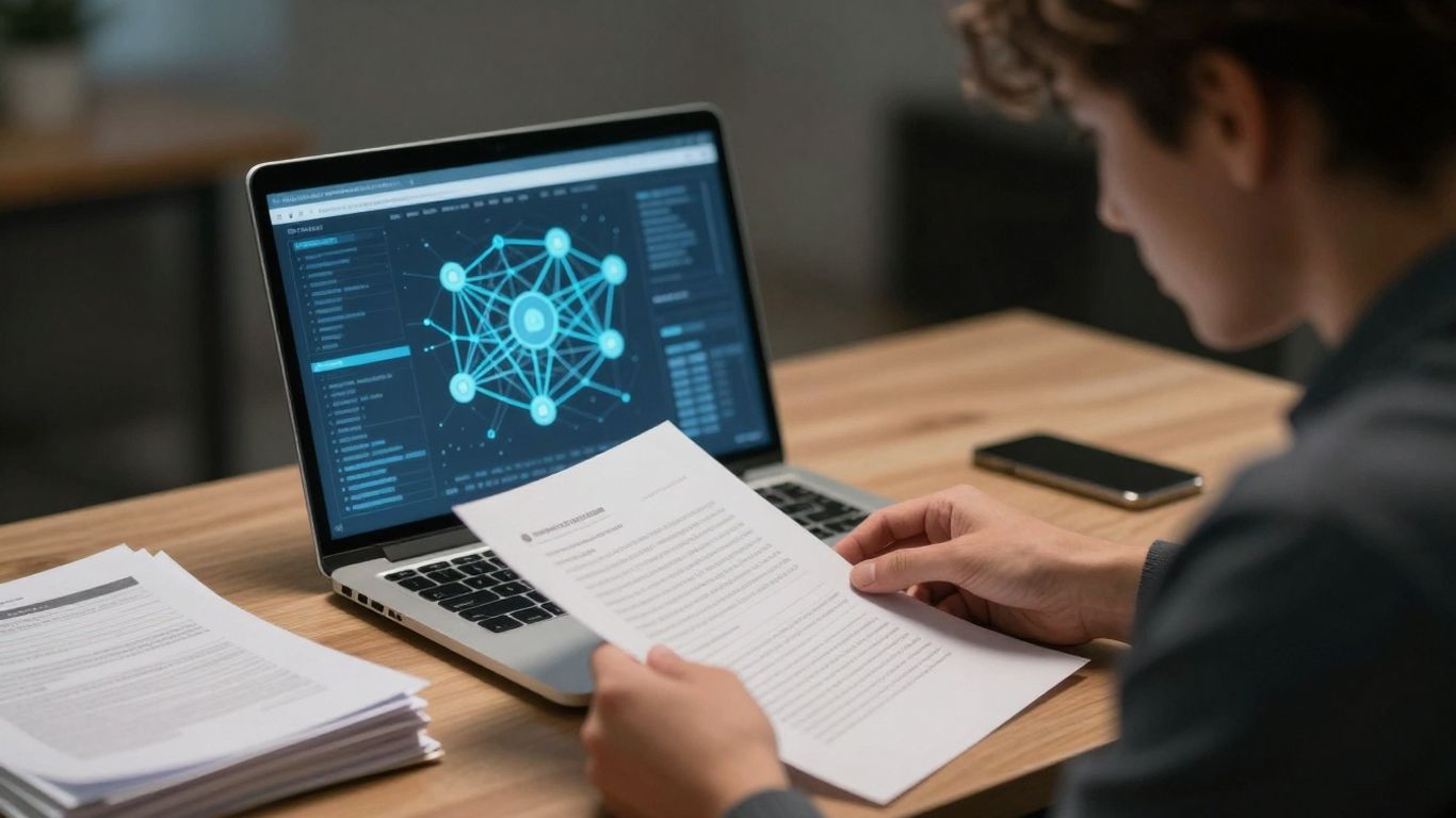 Small business owner reviewing documents and digital risks.