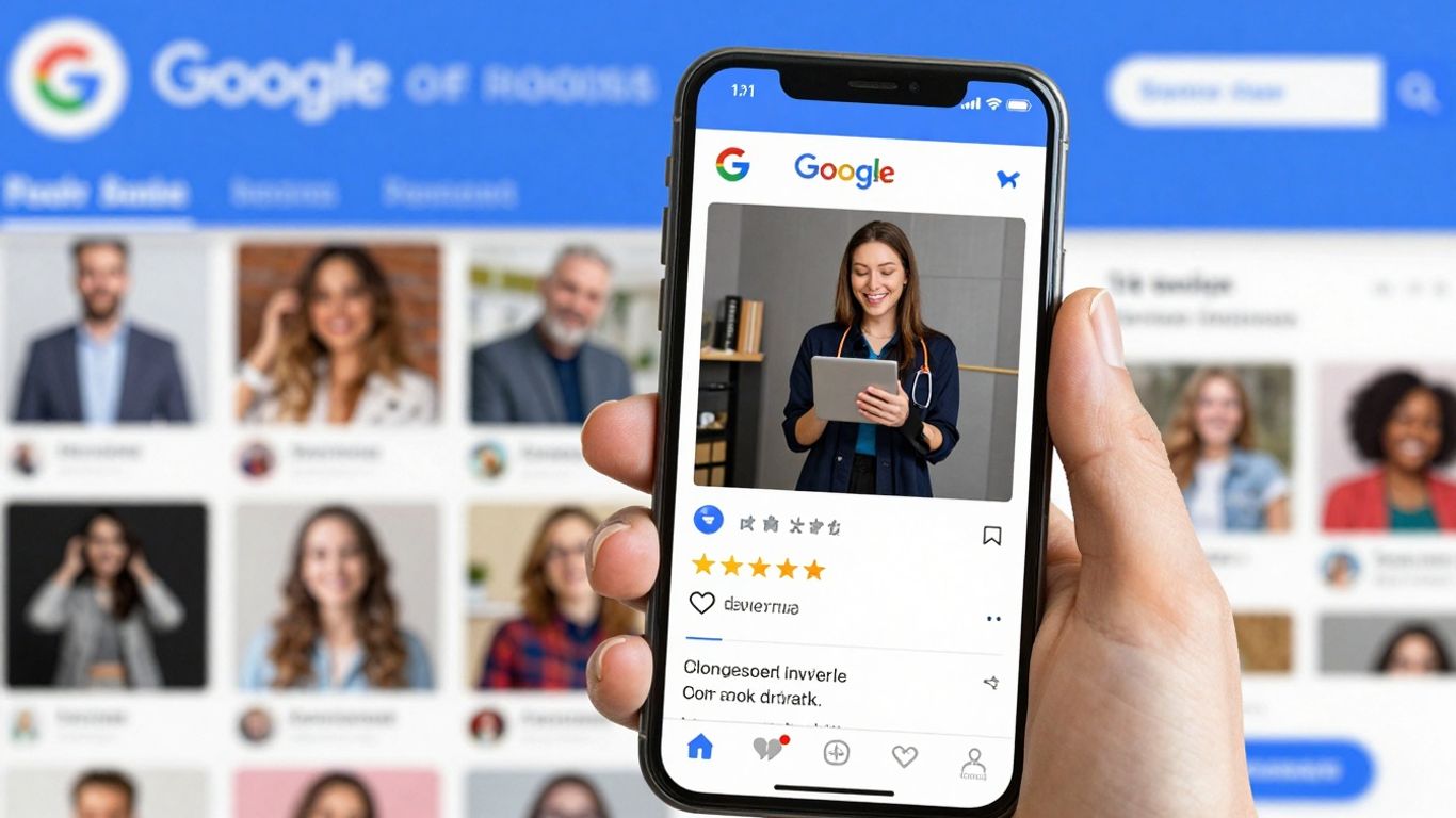 Google reviews on a smartphone with social media background.