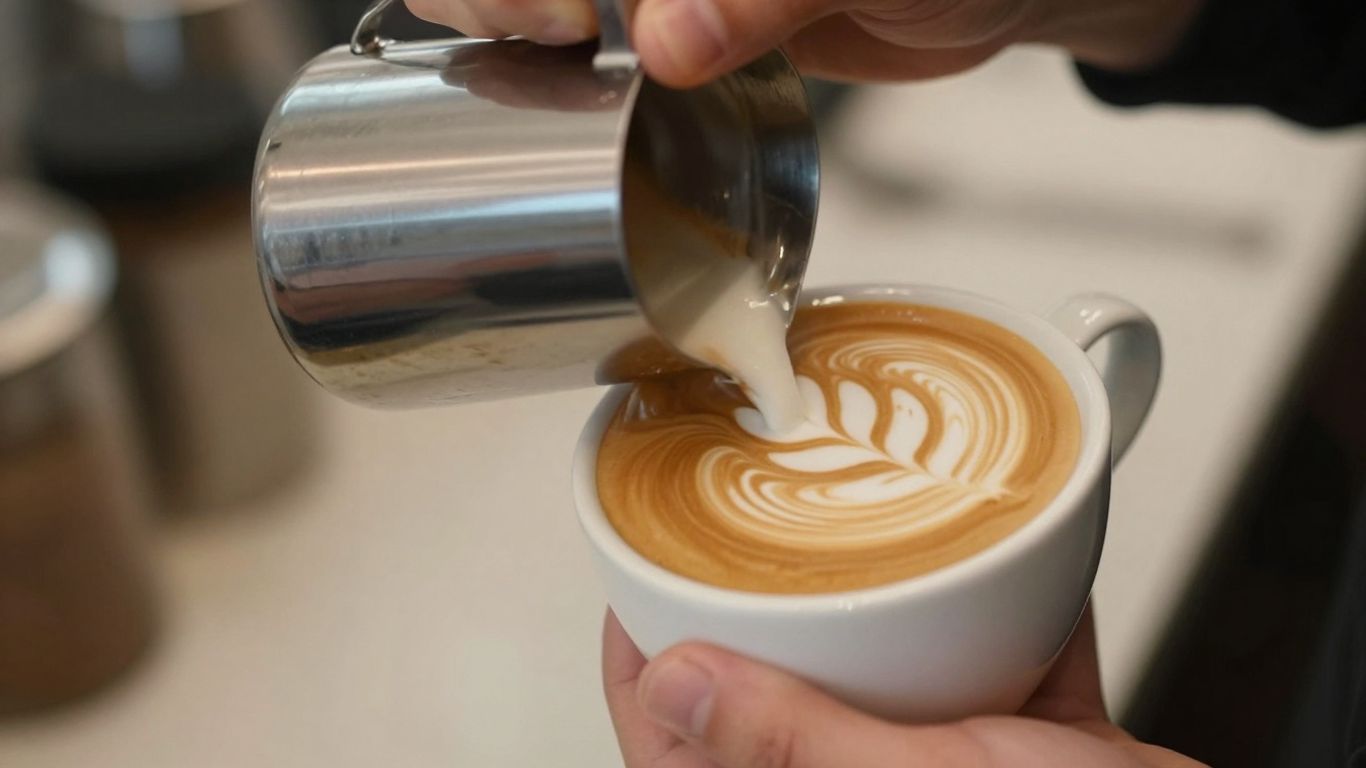 Barista creând artă pe o ceașcă de cafea.