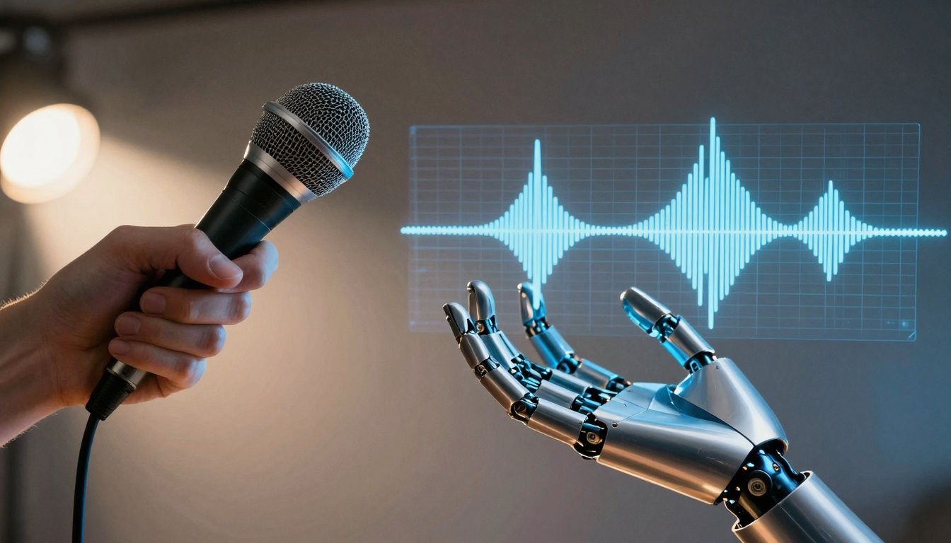 Human hand with microphone versus robotic hand with digital waveform.