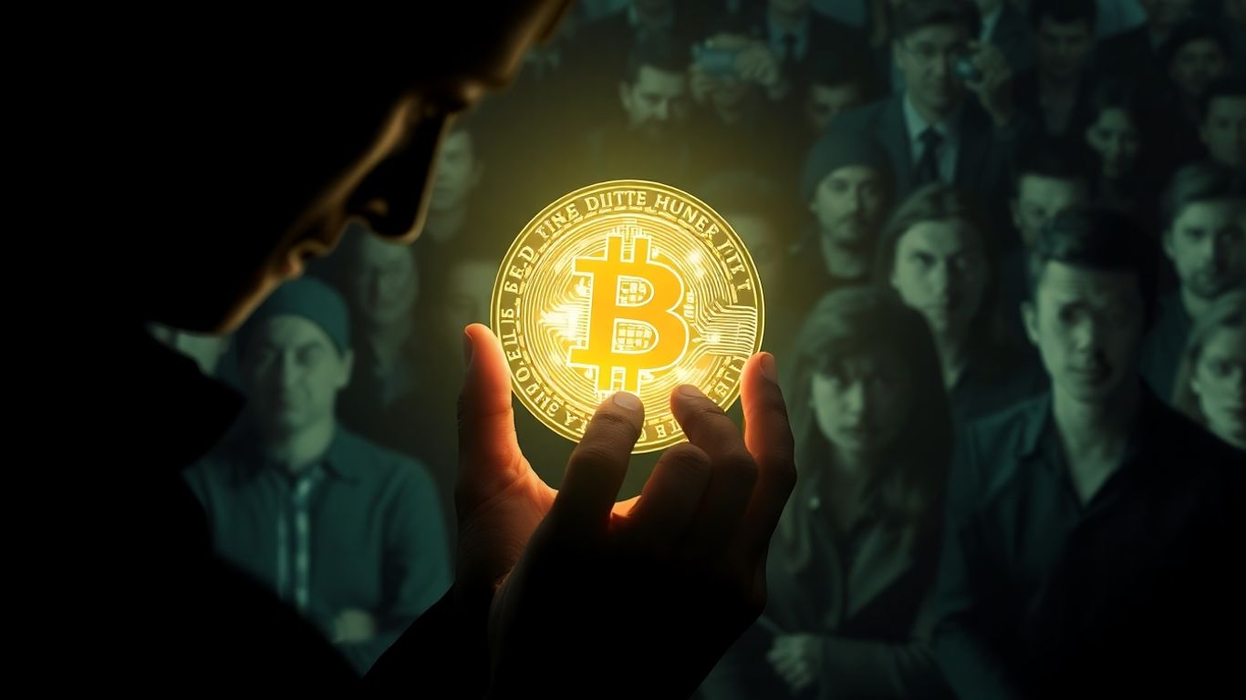 Digital coin with skeptical crowd in background.