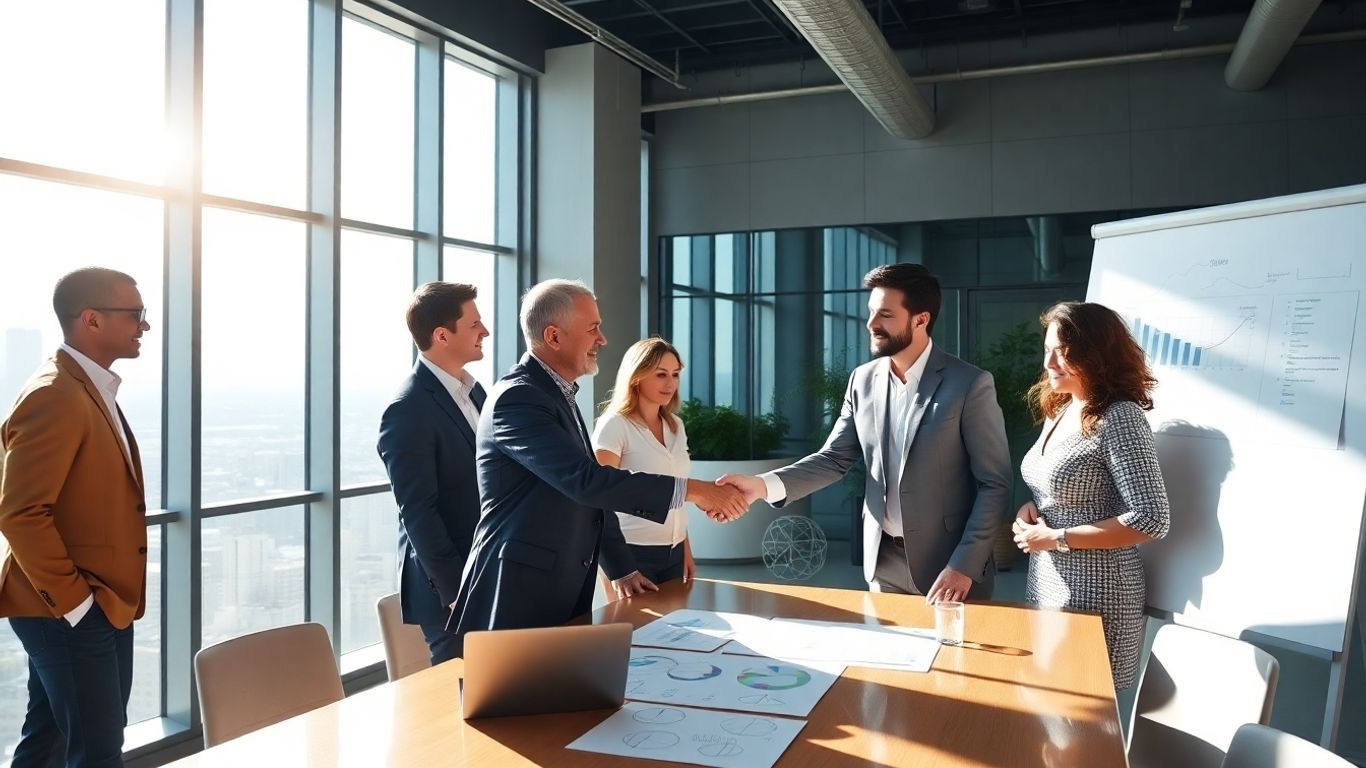 Professionals collaborating in a modern office with city view.