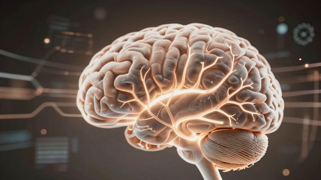 Brain intertwined with digital interface, AI impact.