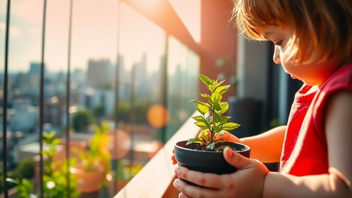Kind pflanzt eine Blume auf einem Stadtbalkon.