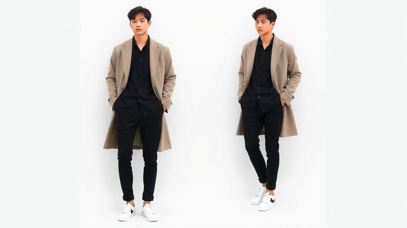 Modern minimalist outfit with black Japanese shirt layered