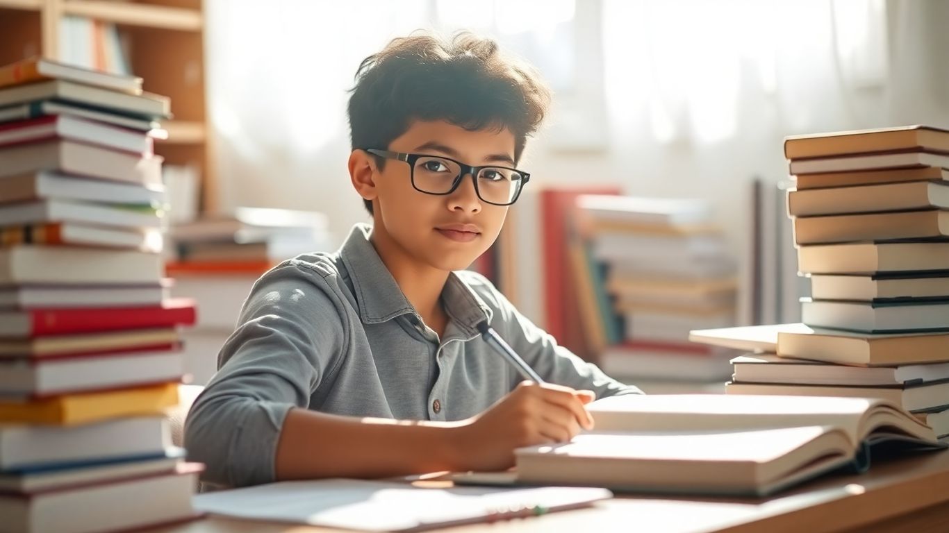 Student writing at a desk, preparing for TOEFL.