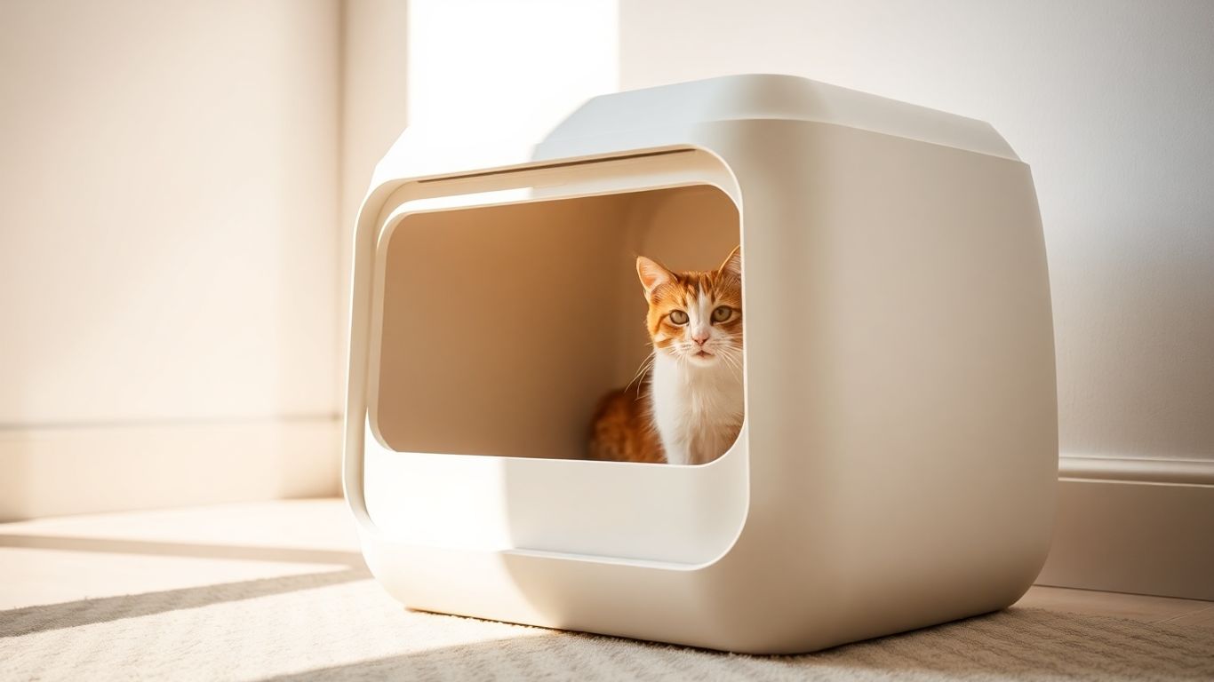 Modern covered cat litter box with a cat peeking out.