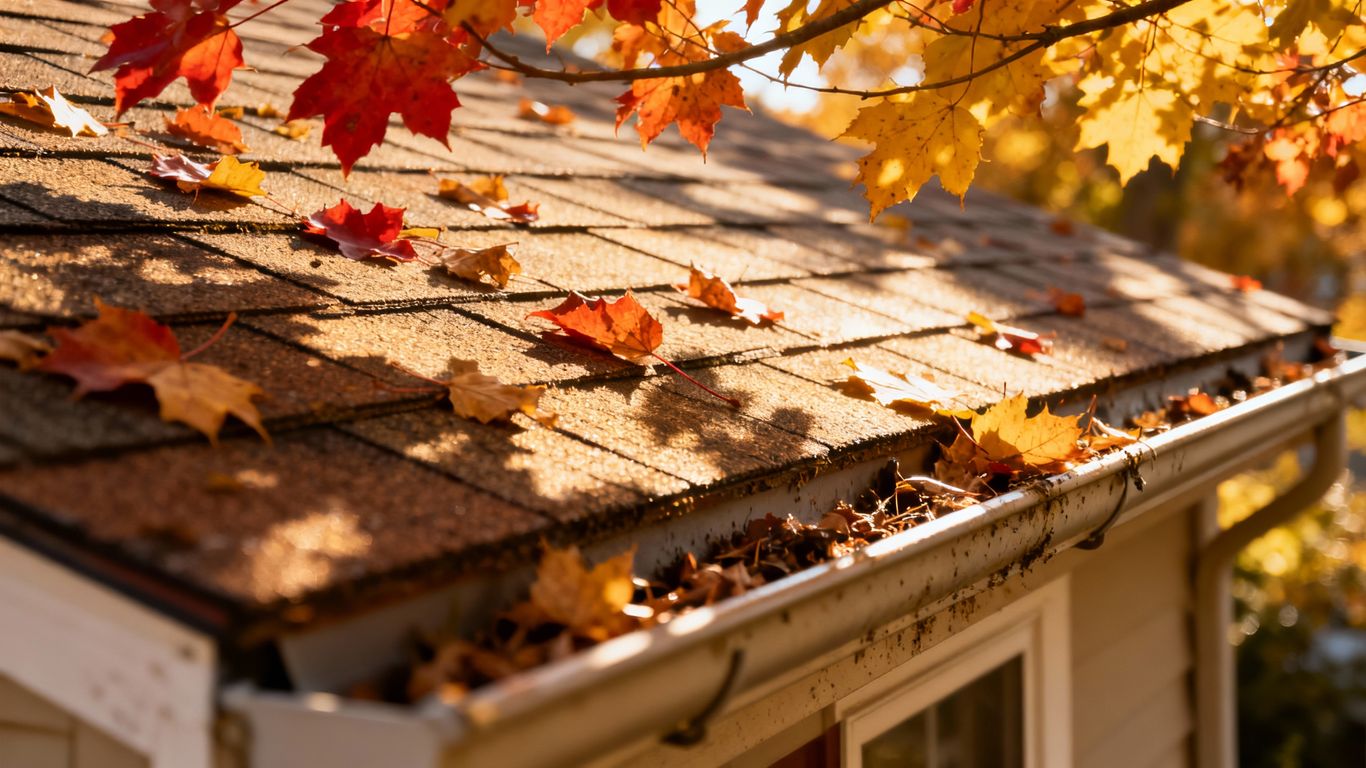 Roof inspection in fall with colorful leaves.