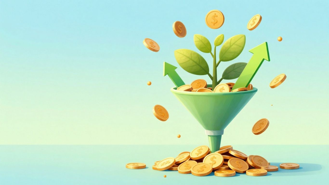 X1 Marketing Inc. | Sales Funnel Optimization That Improves Total Revenue Sales funnel transforming into a thriving plant with falling coins.