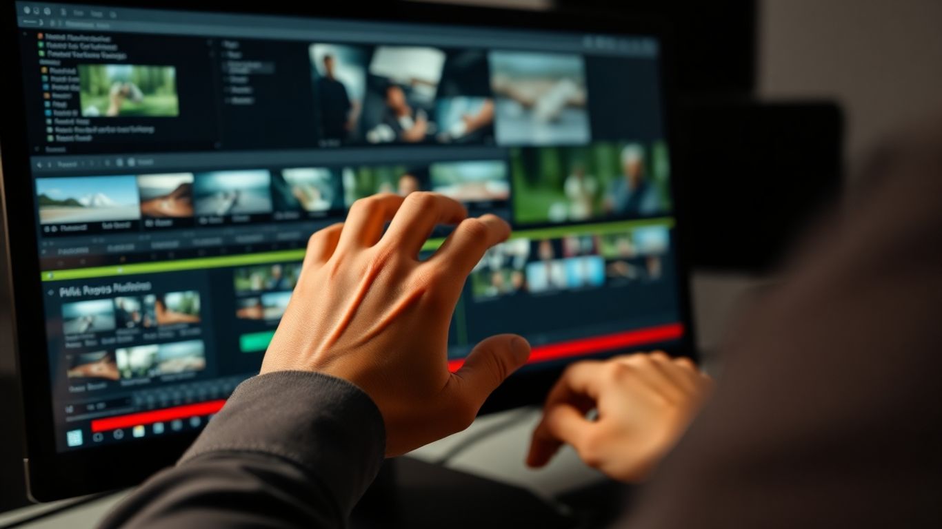 Mains d'un monteur vidéo travaillant sur une timeline.