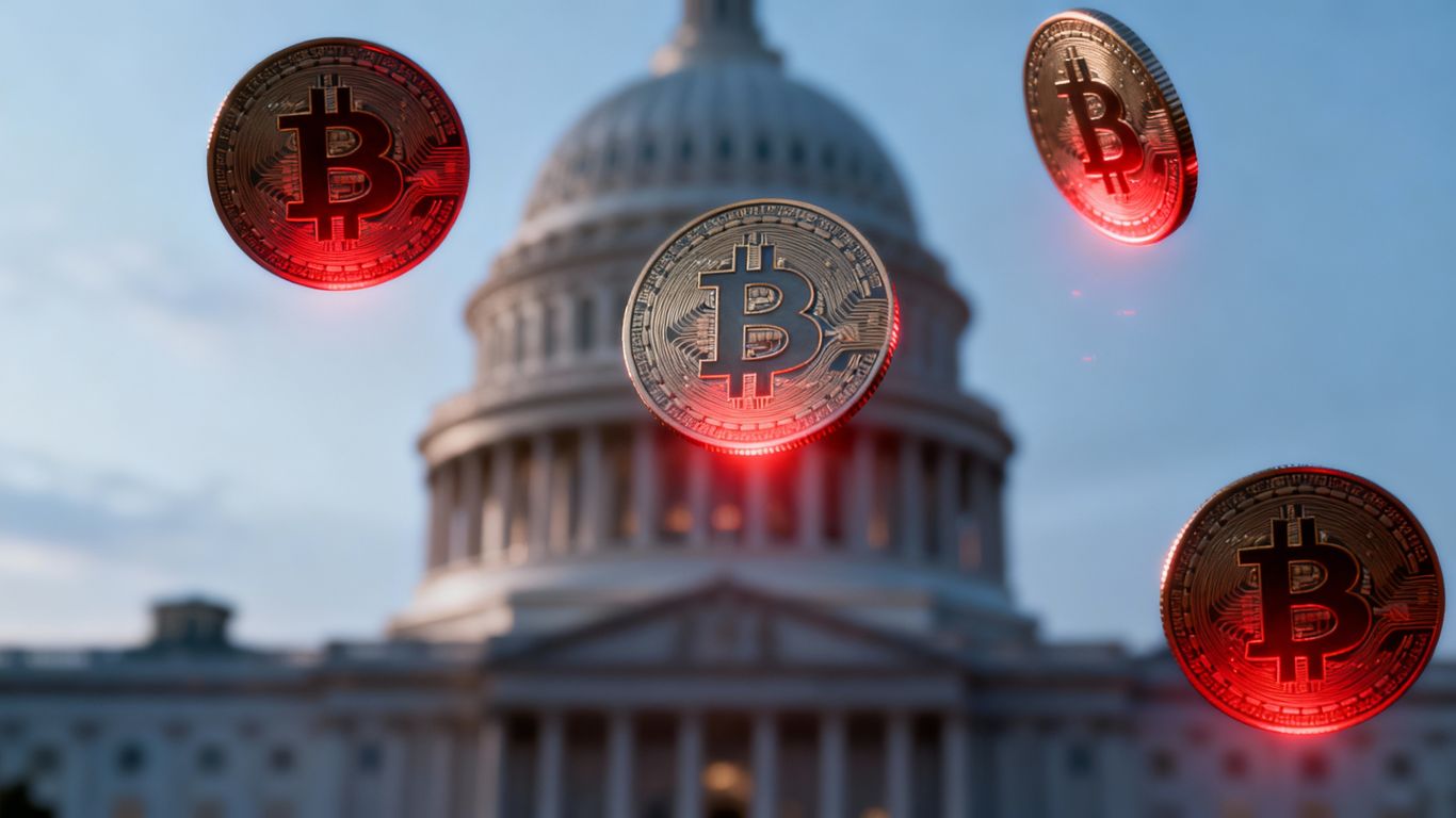 Cryptocurrency coins near US Capitol building.