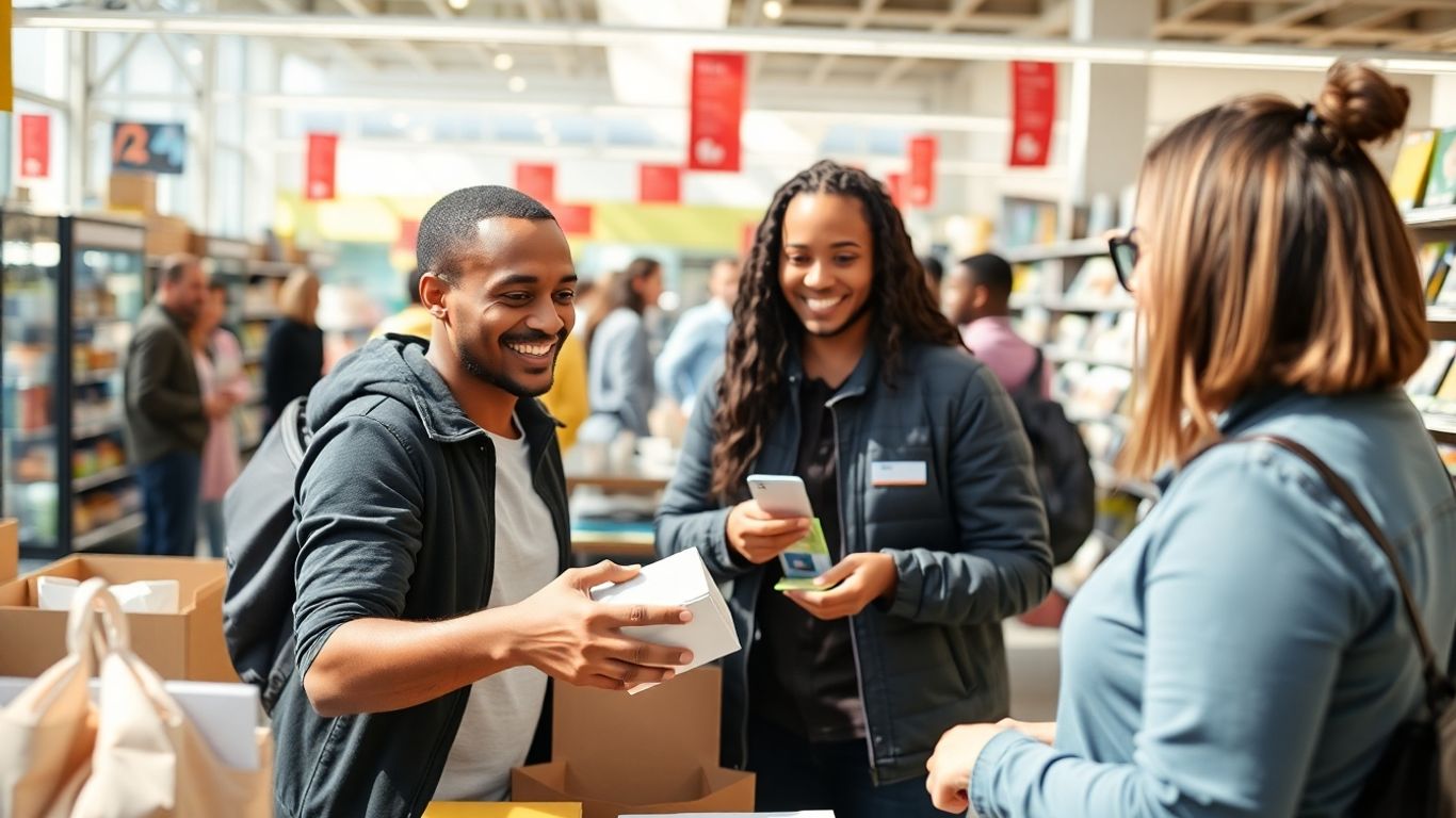 Customer picking up online order in a retail store.