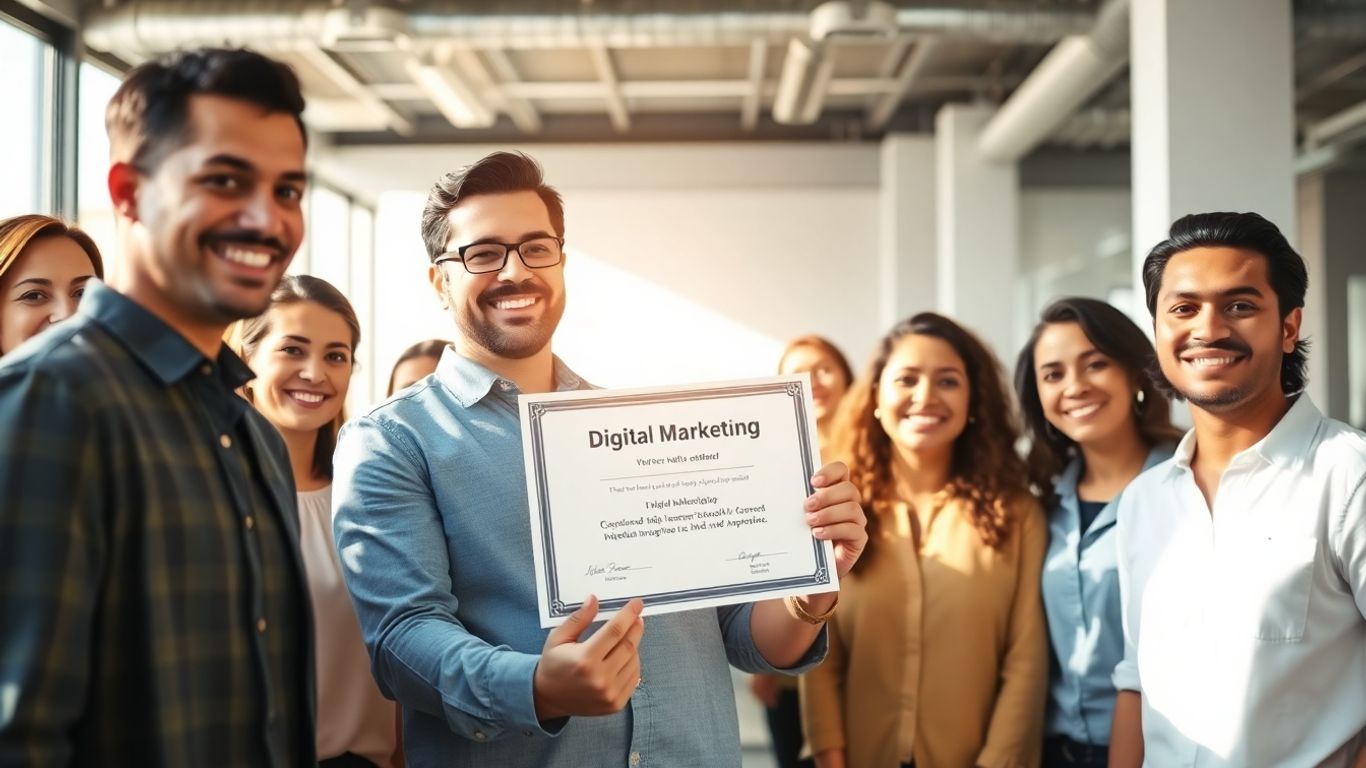 Professionals achieving success with a digital marketing certificate.