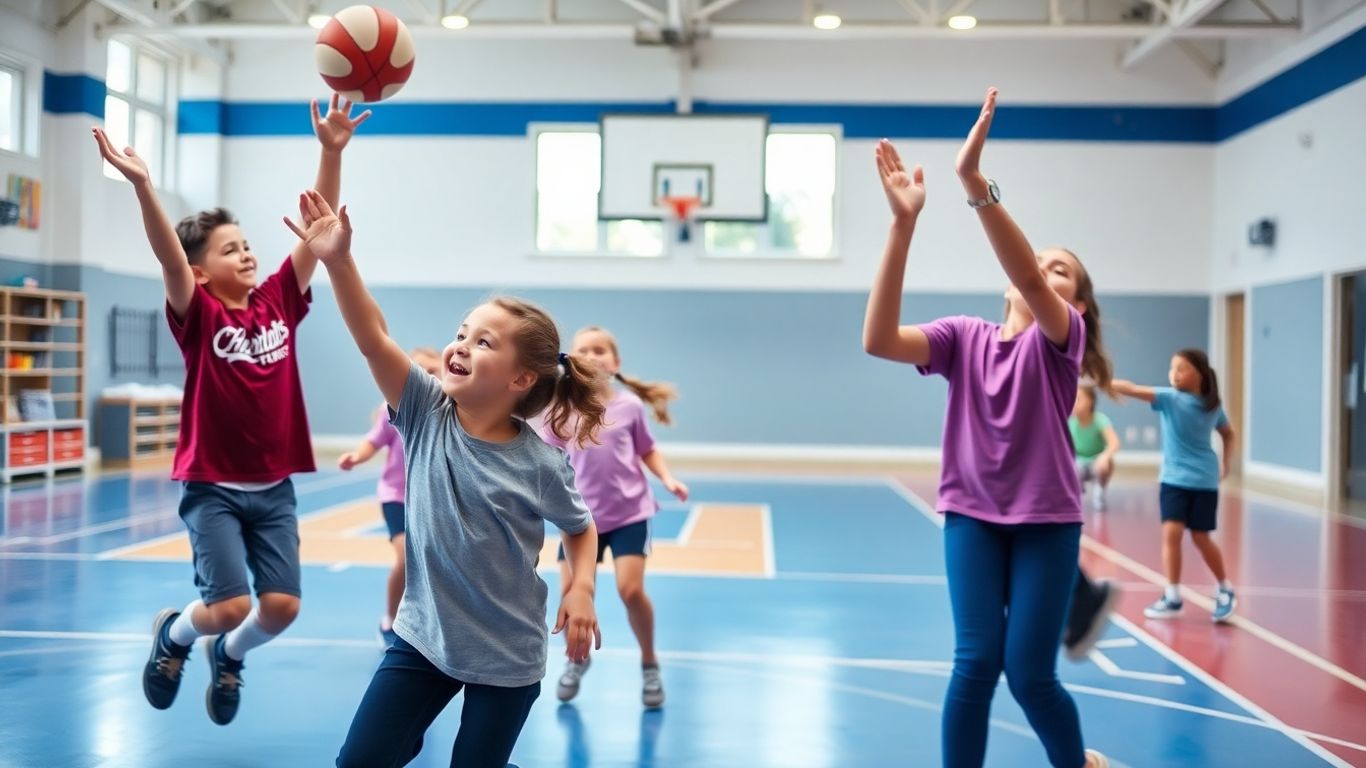 Schüler im Sportunterricht, die sich bewegen und interagieren.
