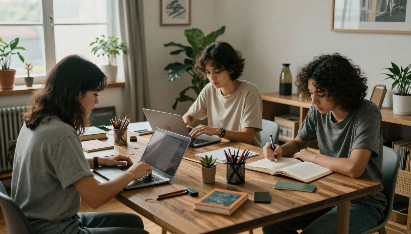 Pessoa praticando diferentes hobbies criativos em um ambiente acolhedor de casa