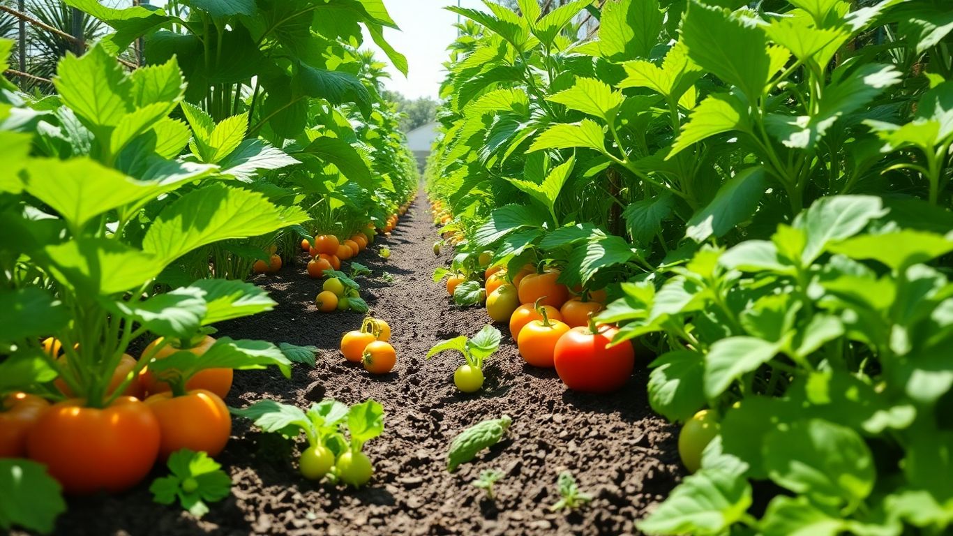 Lush organic vegetable garden with rich soil and abundant produce.