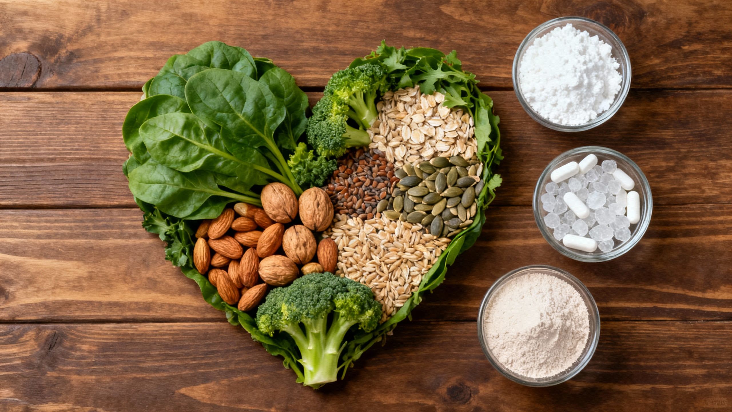 Heart-shaped foods and magnesium supplement bowls on table.
