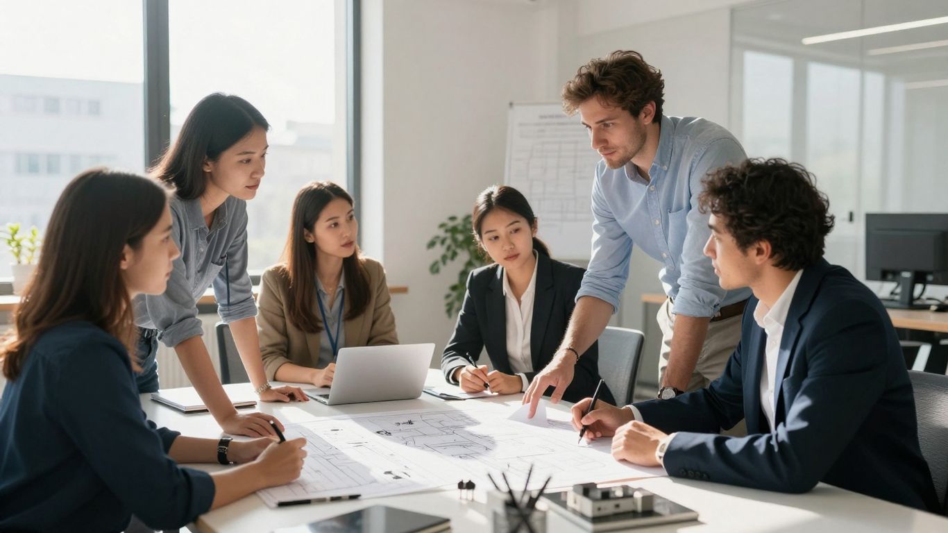 Europäische Geschäftsleute arbeiten zusammen an einem Tisch.