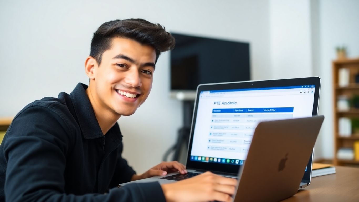 Student preparing for PTE Academic exam on laptop.