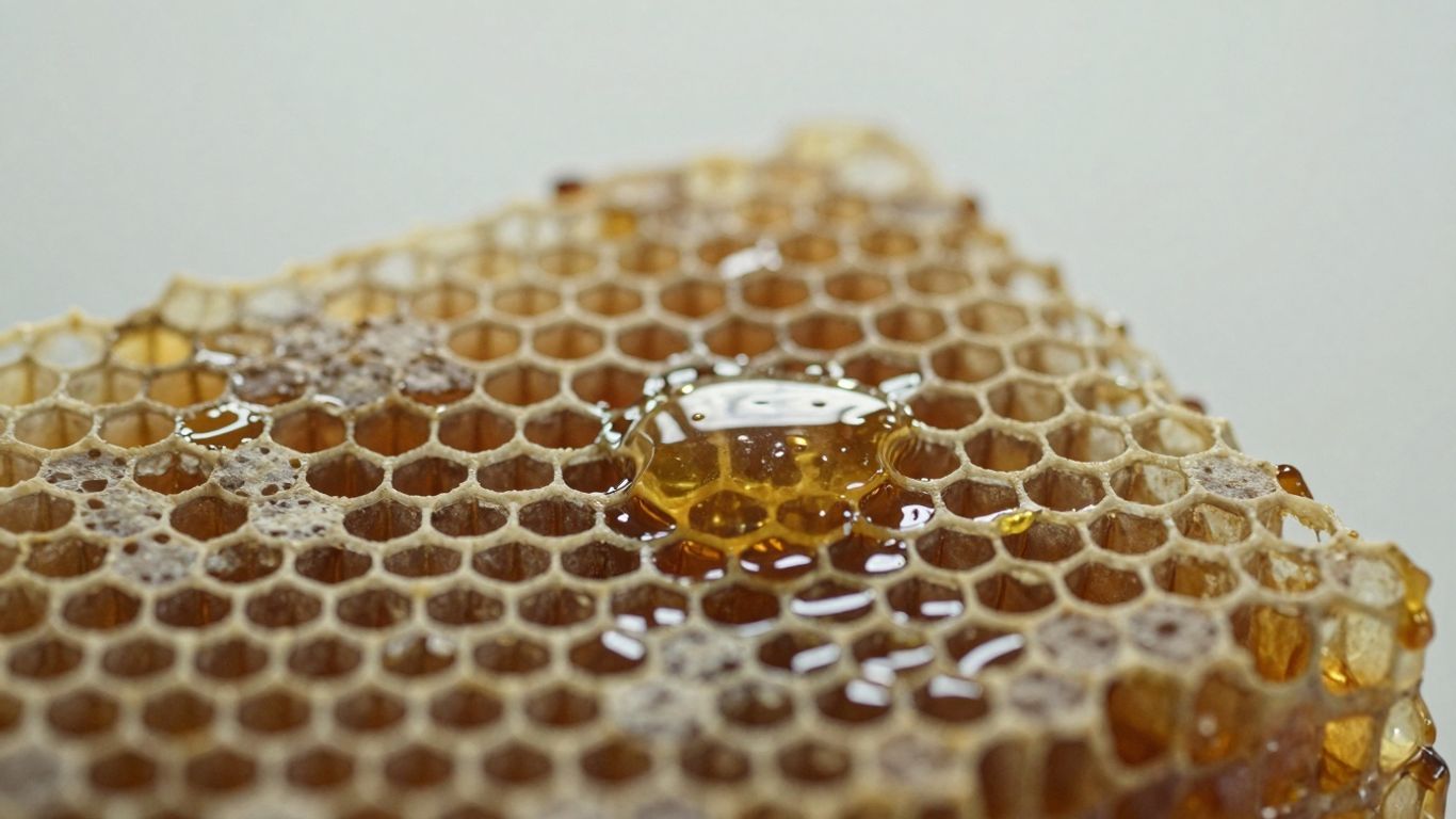 Honeycomb with golden honey and natural beeswax patterns.
