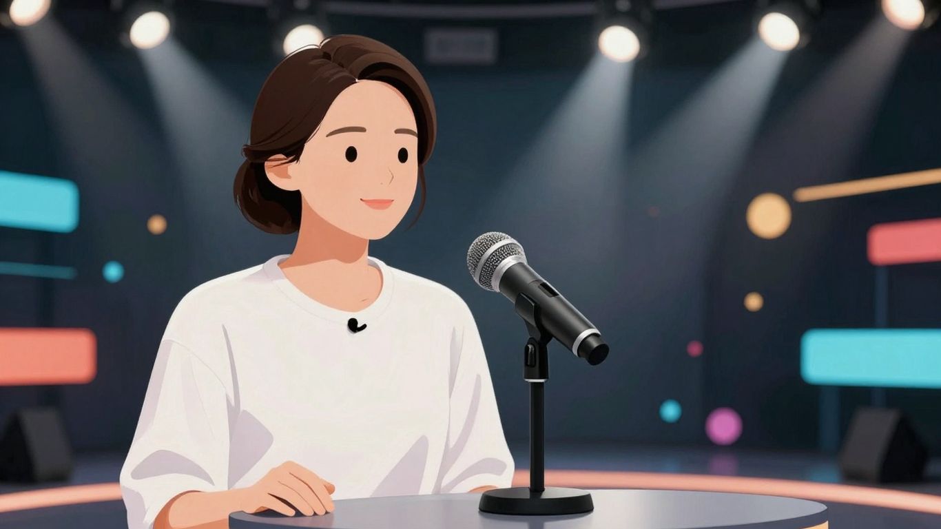 Entertainment news studio with spotlights and digital effects.