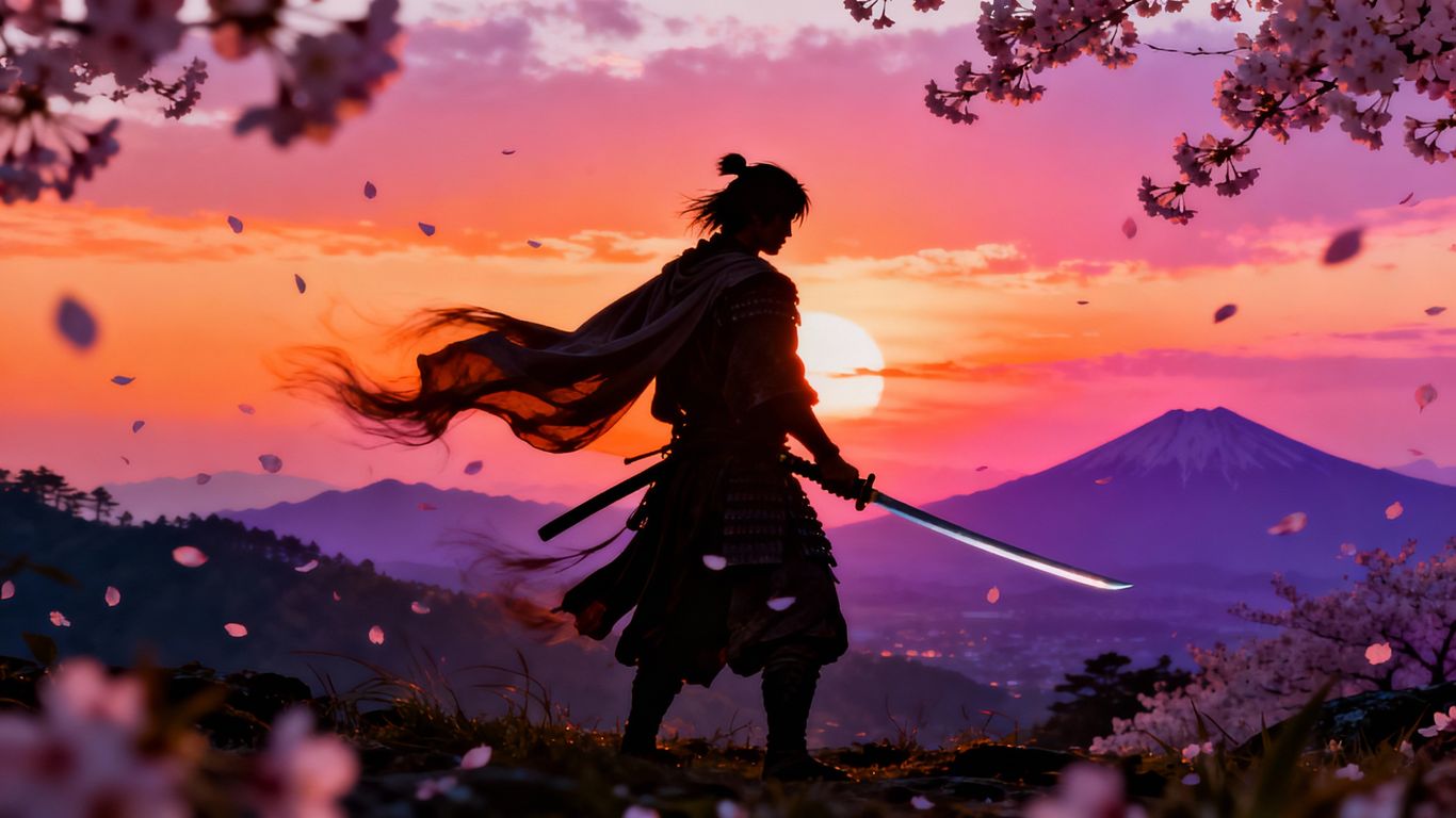 Samurai warrior Jin Sakai in a sunset landscape.
