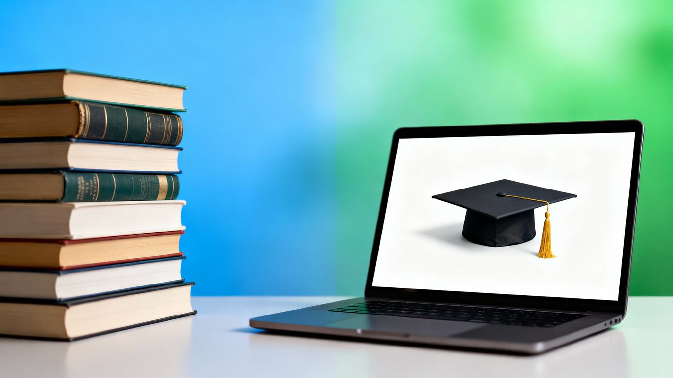 Laptop and books comparing online learning quality and quantity.