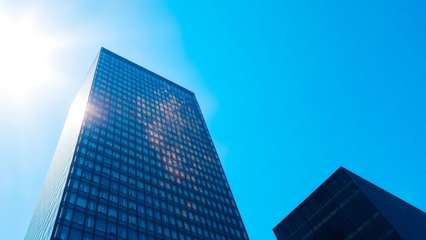 Barclays skyscraper against a bright blue sky.
