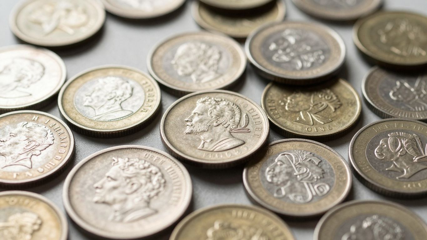 Close-up of various valuable coins with intricate details.