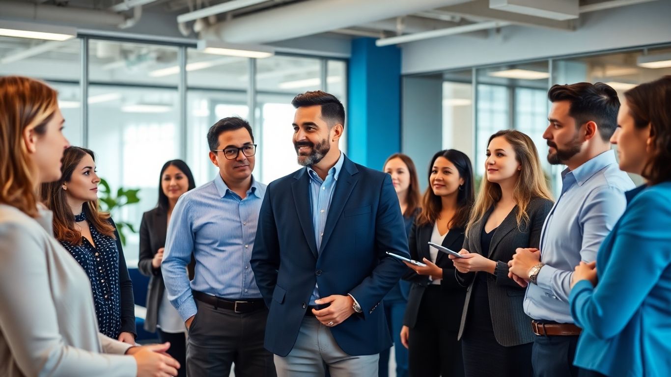Menschen im Büro diskutieren über die Zukunft des Arbeitsmarktes.