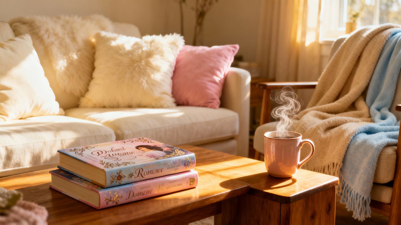 Cozy reading nook with romance novels and warm lighting.