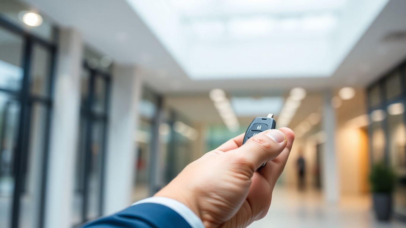 Mano sosteniendo llave de coche frente a edificio de oficinas.