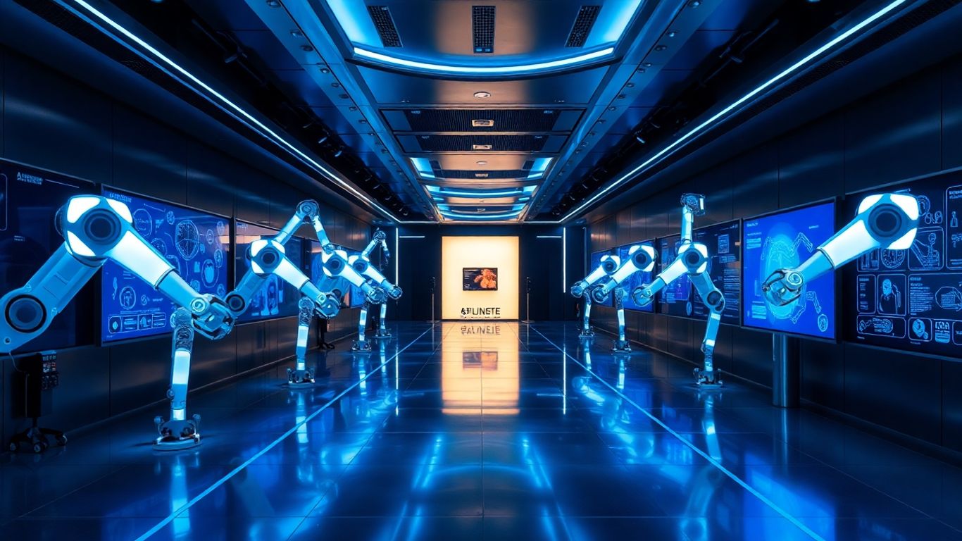 Robotic arms and AI displays in a futuristic museum.
