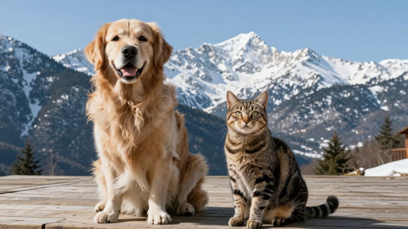 Happy dog and cat with Alaskan mountains background.