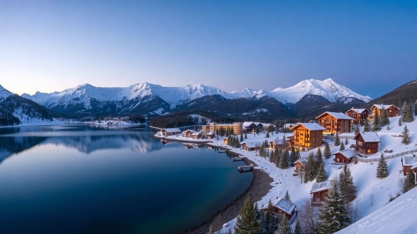 Luxury ski resort by alpine lake with snow-capped mountains.