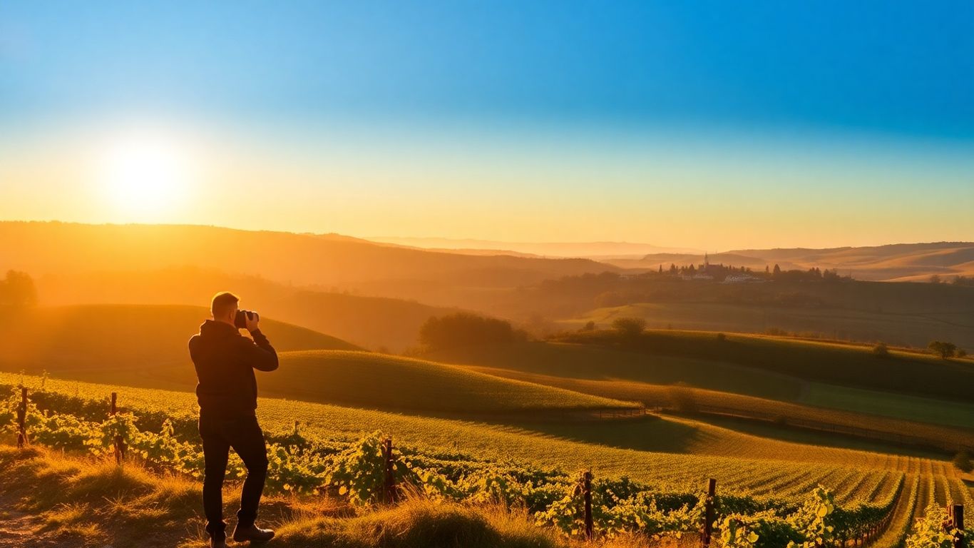 Photographer capturing Roujan landscape at golden hour.