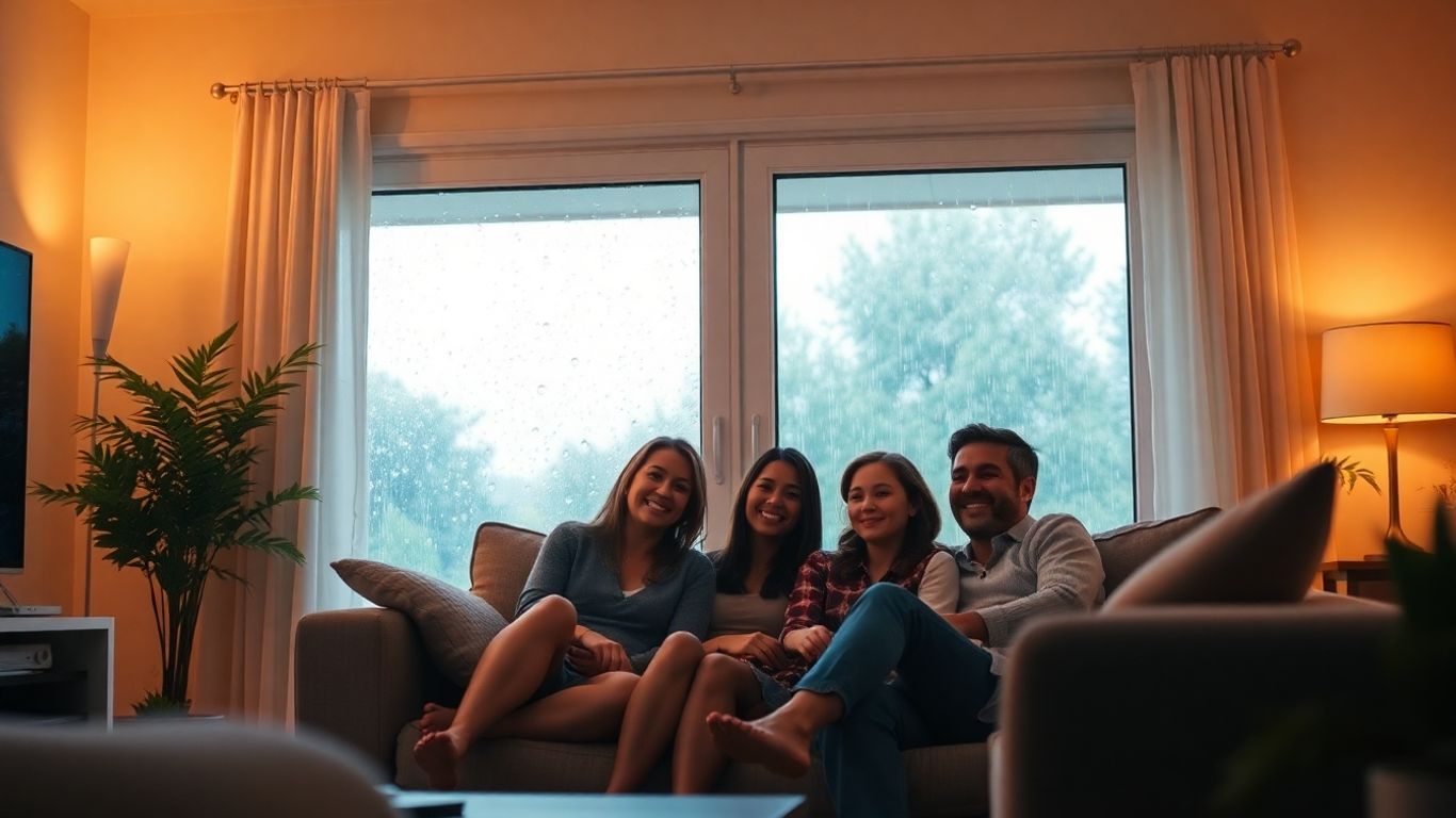 Familia feliz en casa segura con asistencia.