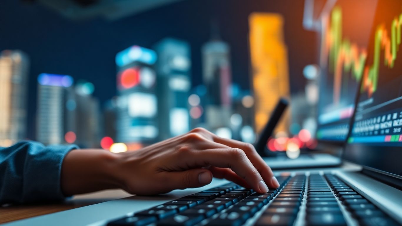 Forex trading desk with city lights background.
