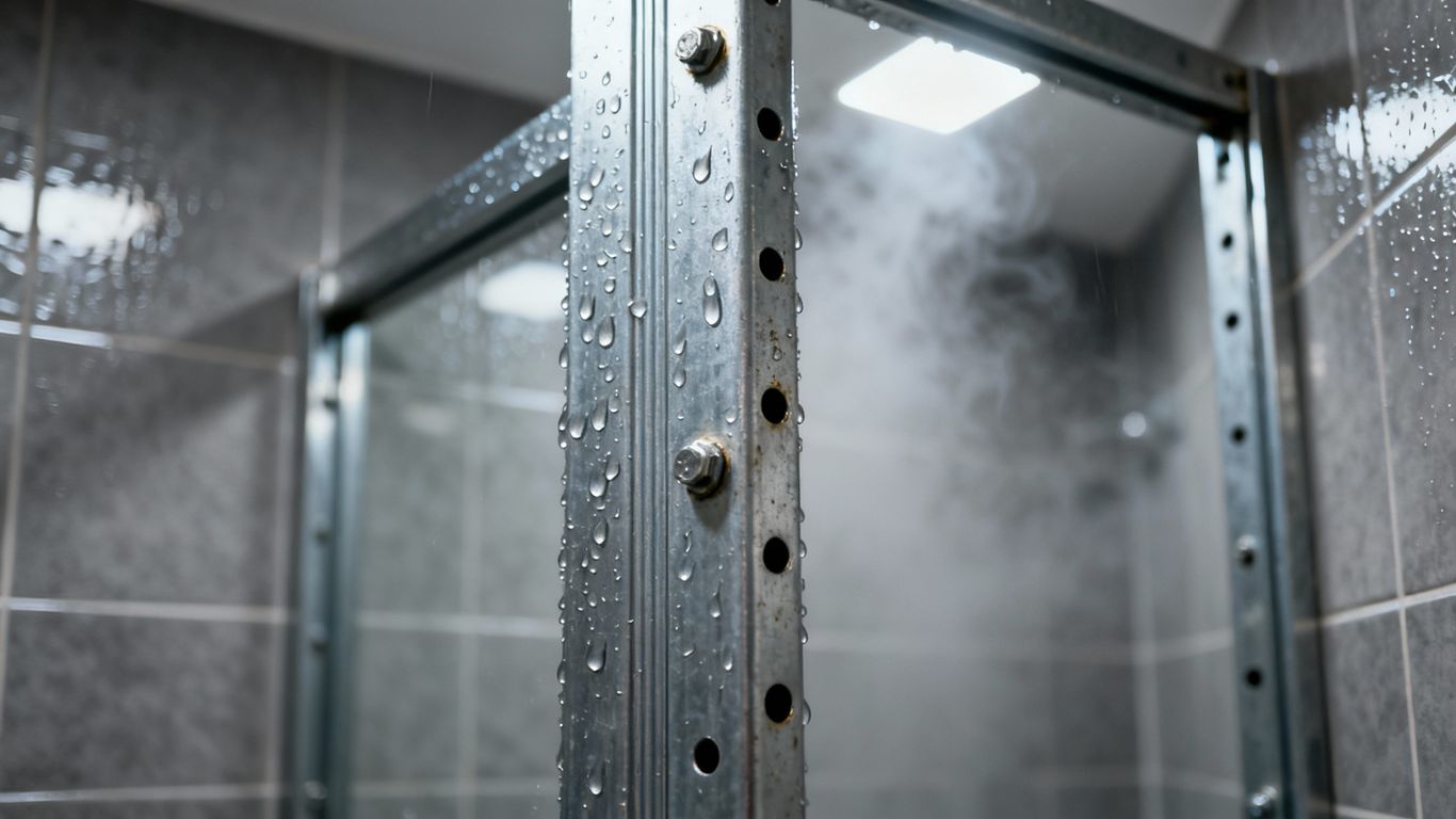 Metal studs in a high-moisture bathroom environment.
