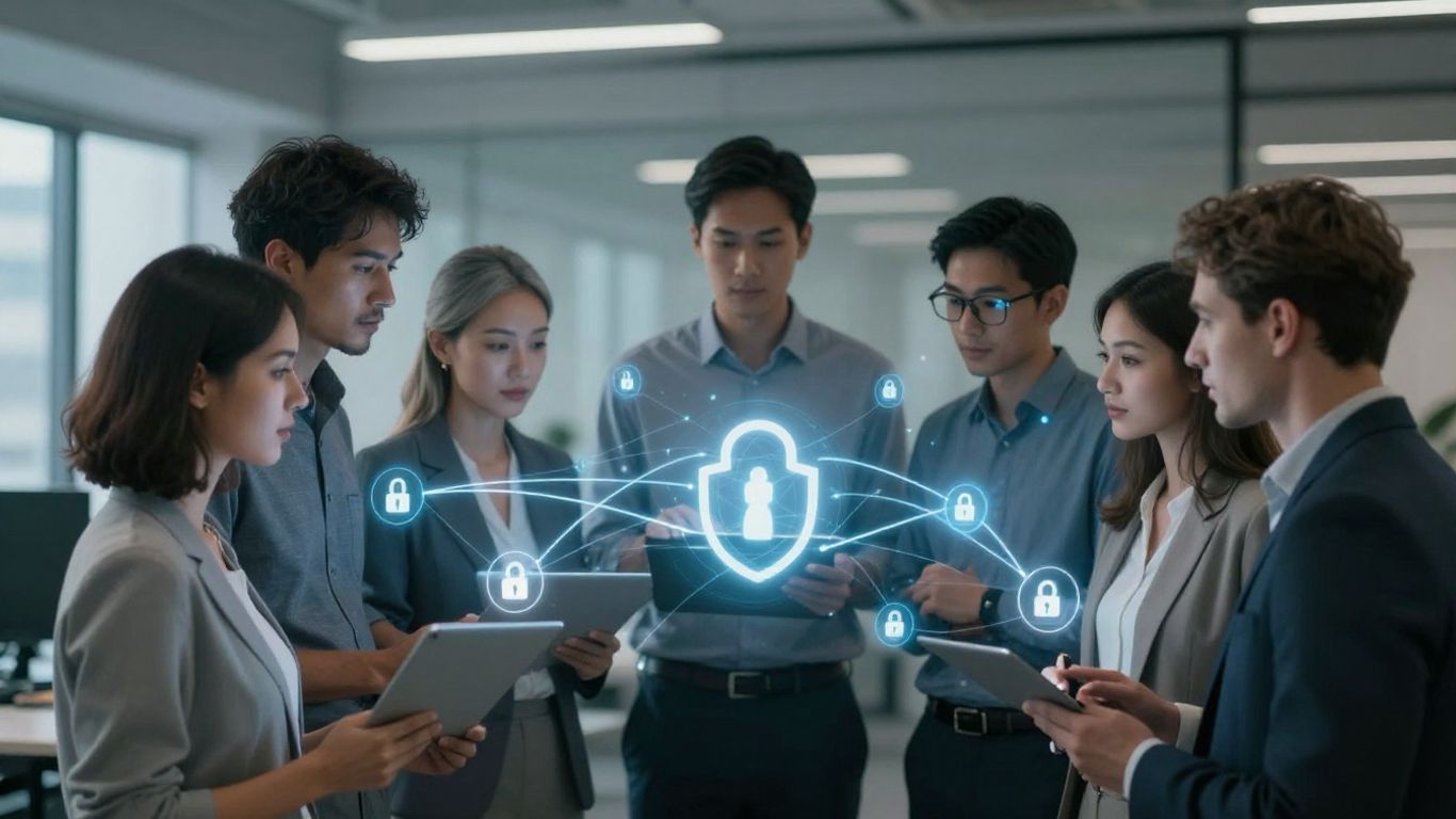Teamwork in cybersecurity, digital connections, secure collaboration.