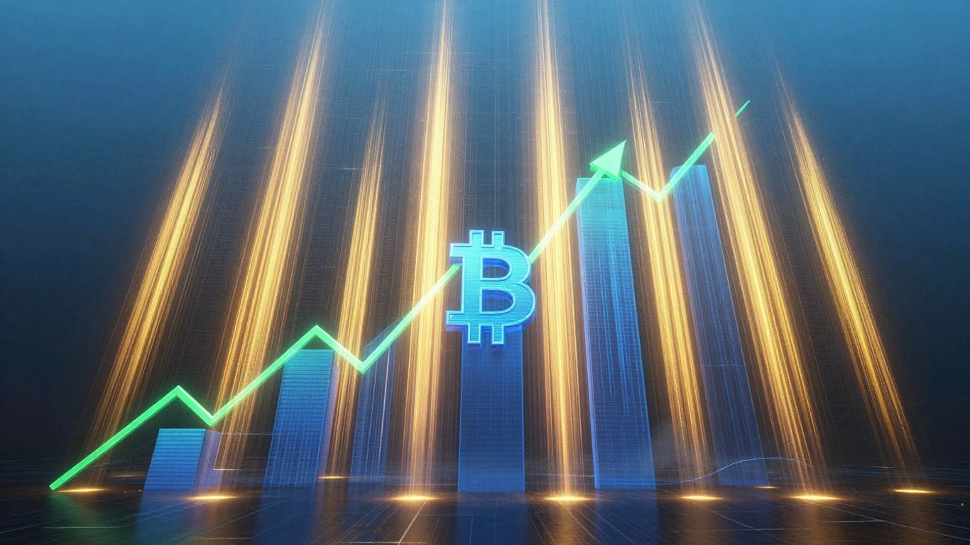 Cryptocurrency surge with abstract digital currency forms.