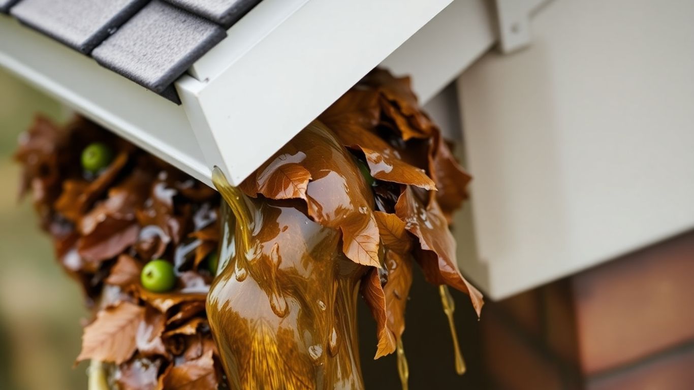 Clogged gutters overflowing with leaves and water.