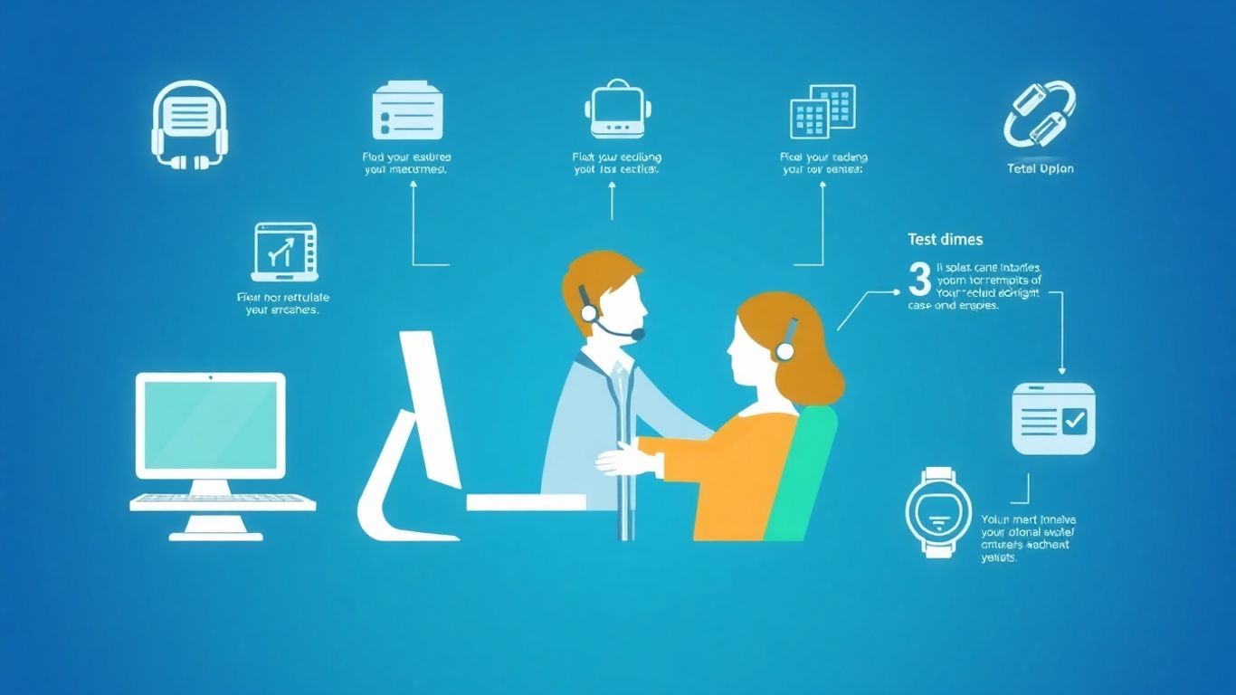 IT help desk support infographic with icons and technician.