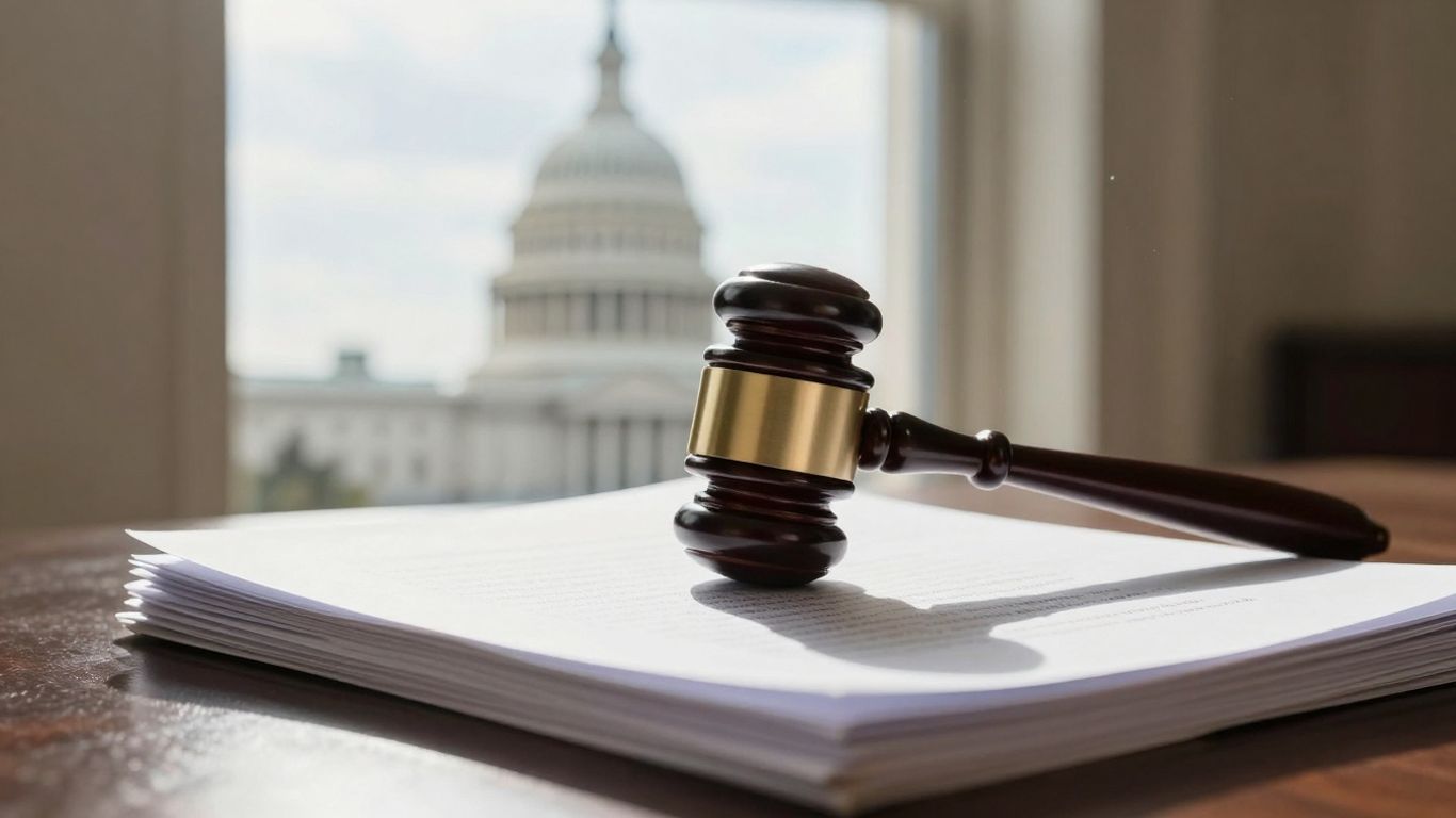 Gavel on legal documents with U.S. Capitol building.